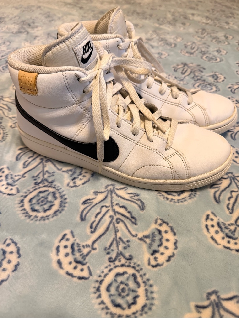 Nike Women’s White High-Top Sneakers with Black Swoosh and Tan Accent